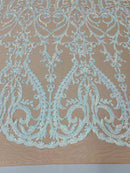 4 Way Stretch - Aqua on Nude - Sequins Damask Design Fabric Embroidered On Mesh Sold By The Yard