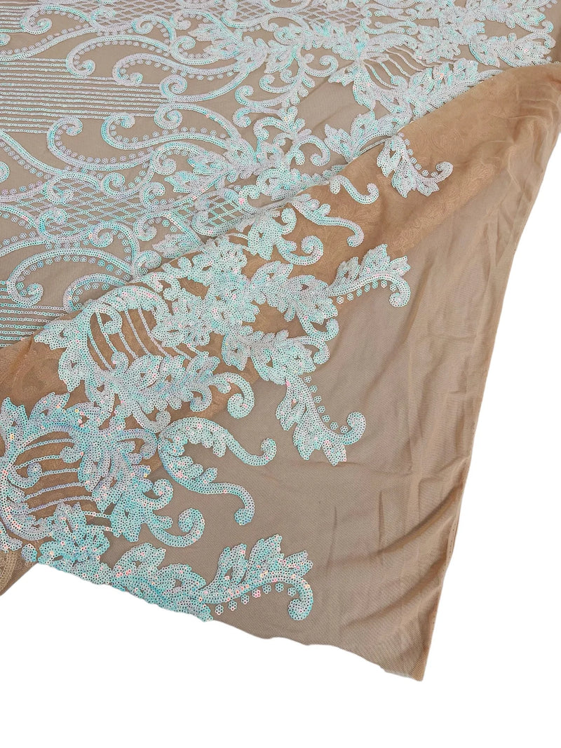 Damask Line Pattern - Aqua on Nude - 4 Way Stretch Damask Sequins Line Fabric Sold By Yard