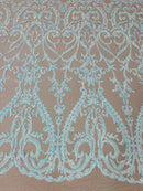 4 Way Stretch - Aqua on Nude - Sequins Damask Design Fabric Embroidered On Mesh Sold By The Yard