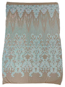 Damask Line Pattern - Aqua on Nude - 4 Way Stretch Damask Sequins Line Fabric Sold By Yard