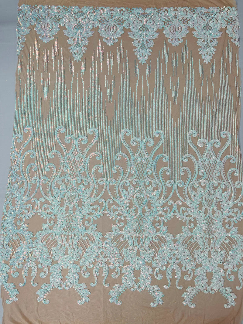 Damask Line Pattern - Aqua on Nude - 4 Way Stretch Damask Sequins Line Fabric Sold By Yard