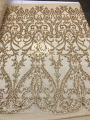 4 Way Stretch - Matte Gold - Sequins Damask Design Fabric Embroidered On Mesh Sold By The Yard