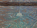 Big Damask Sequins Fabric - Iridescent Aqua - 4 Way Stretch Damask Sequins Design Fabric By Yard