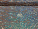 Big Damask Sequins Fabric - Iridescent Aqua - 4 Way Stretch Damask Sequins Design Fabric By Yard