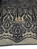 Sequins - Navy - 4 Way Stretch Fancy Fabric Embroidered On Mesh Sold By The Yard
