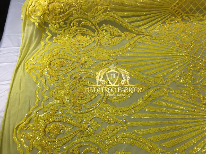 Sequins - Yellow - 4 Way Stretch Damask Design Fabric On Stretch Mesh By The Yard