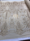 Sequins - Gold - 4 Way Stretch Fancy Fabric Embroidered On Mesh Sold By The Yard
