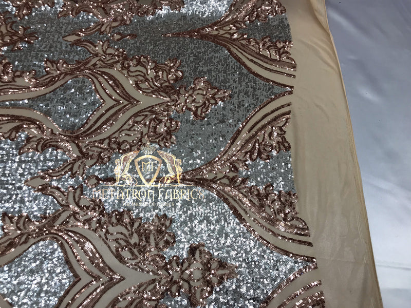 4 Way Stretch - Silver and Rose Gold - Two Tone Flower Design Sequins On Stretch Mesh By The Yard