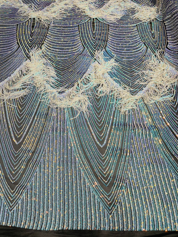 Iridescent Aqua Fringe Sequins - Dangle 4 Way Stretch Fancy Sequins Fabric Sold By The Yard