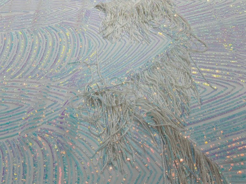 Aqua Iridescent Fringe Sequins - Dangle 4 Way Stretch Fancy Sequins Fabric Sold By The Yard