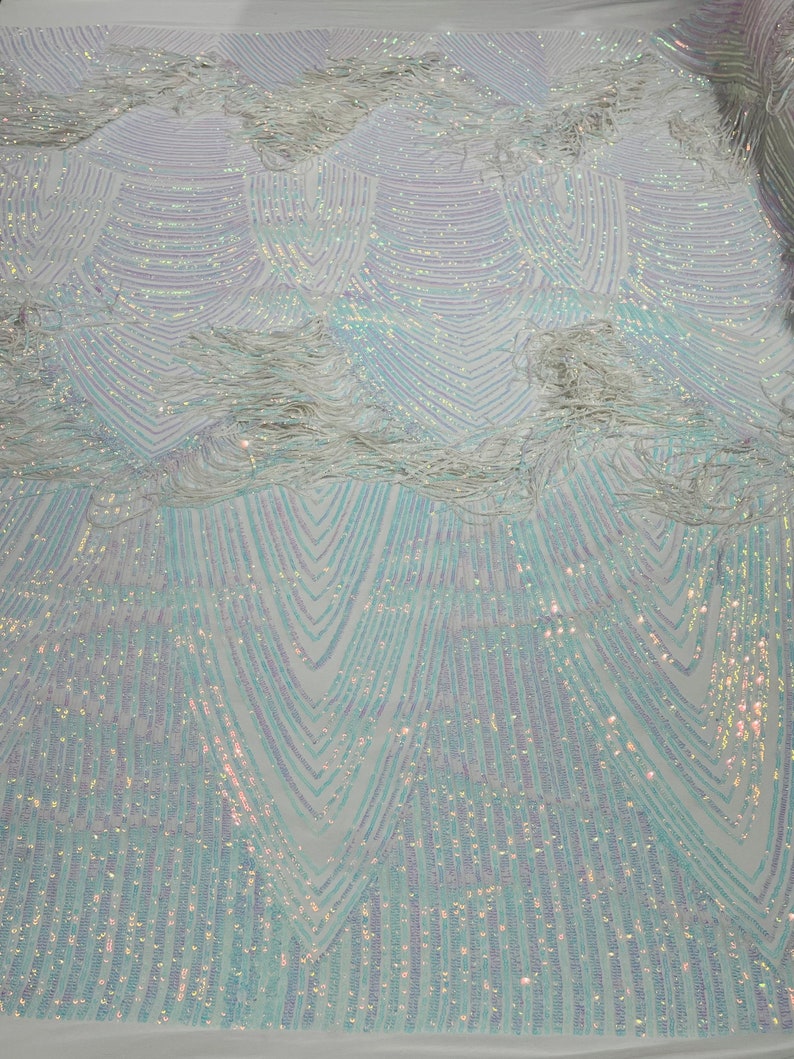 Aqua Iridescent Fringe Sequins - Dangle 4 Way Stretch Fancy Sequins Fabric Sold By The Yard