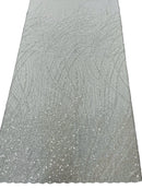 Wavy Grass Design Fabric - Baby Blue - Beautiful Beaded Fabric Design Embroidered on a Mesh Lace Sold By The Yard