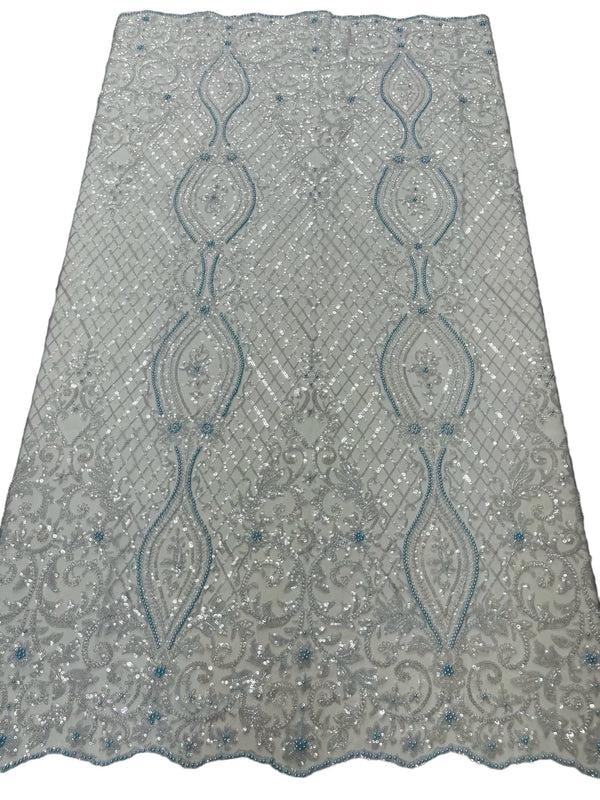 Bead Fashion Damask Fabric - Baby Blue - Beaded Sequins Geometric Design on Mesh Sold By Yard