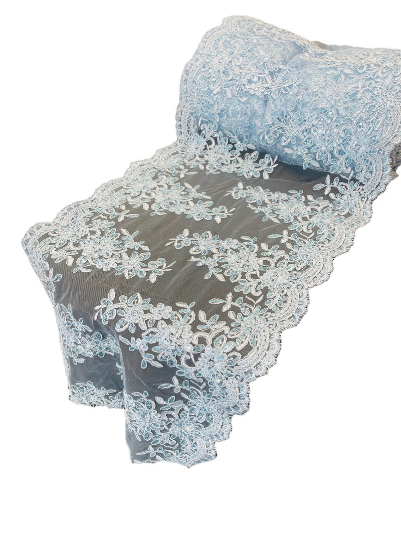 Flower Cluster Lace Sequins Table Runner - Baby Blue - Floral Lace Table Runner Sold By Yard