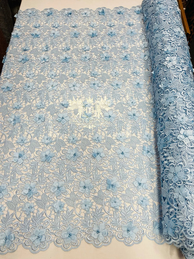 Guipure Floral Lace Fabric - Baby Blue - Floral Pearls Guipure Fabric Sold By Yard