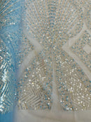 Beaded Diamond Design Fabric - Baby Blue - Beaded Embroidered Diamond Zig Zag Design on Mesh By Yard