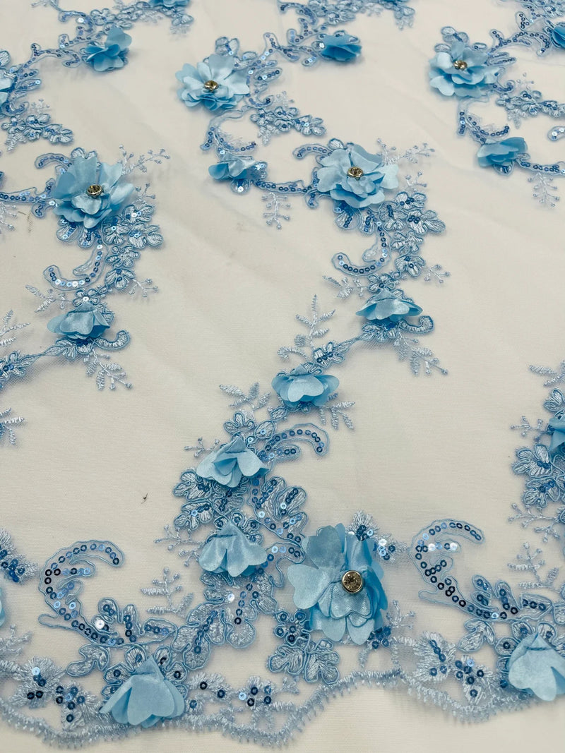3D Lace Flower Fabric - Baby Blue - Embroidered Sequins and 3D Floral Patterns on Lace By Yard