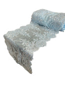 14" Metallic Flower Lace Table Runner - Baby Blue - Floral Runner for Event Decor Sold By The Yard