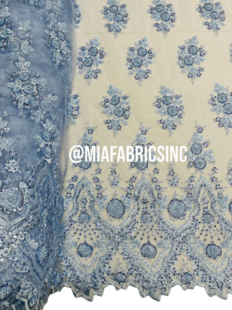 Round Flower Beaded Fabric - Baby Blue - Embroidered Fashion Design Beads and Sequins On Mesh by The Yard