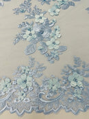 Floral 3D Rose Fabric - Baby Blue - Embroided Rose Flower Design Fabric Sold by Yard