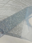 Wavy Grass Design Fabric - Baby Blue - Beautiful Beaded Fabric Design Embroidered on a Mesh Lace Sold By The Yard