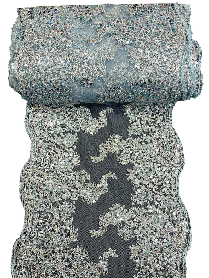 14" Metallic Floral Design Lace Table Runner - Baby Blue - Event Table Decor Runner Sold By Yard