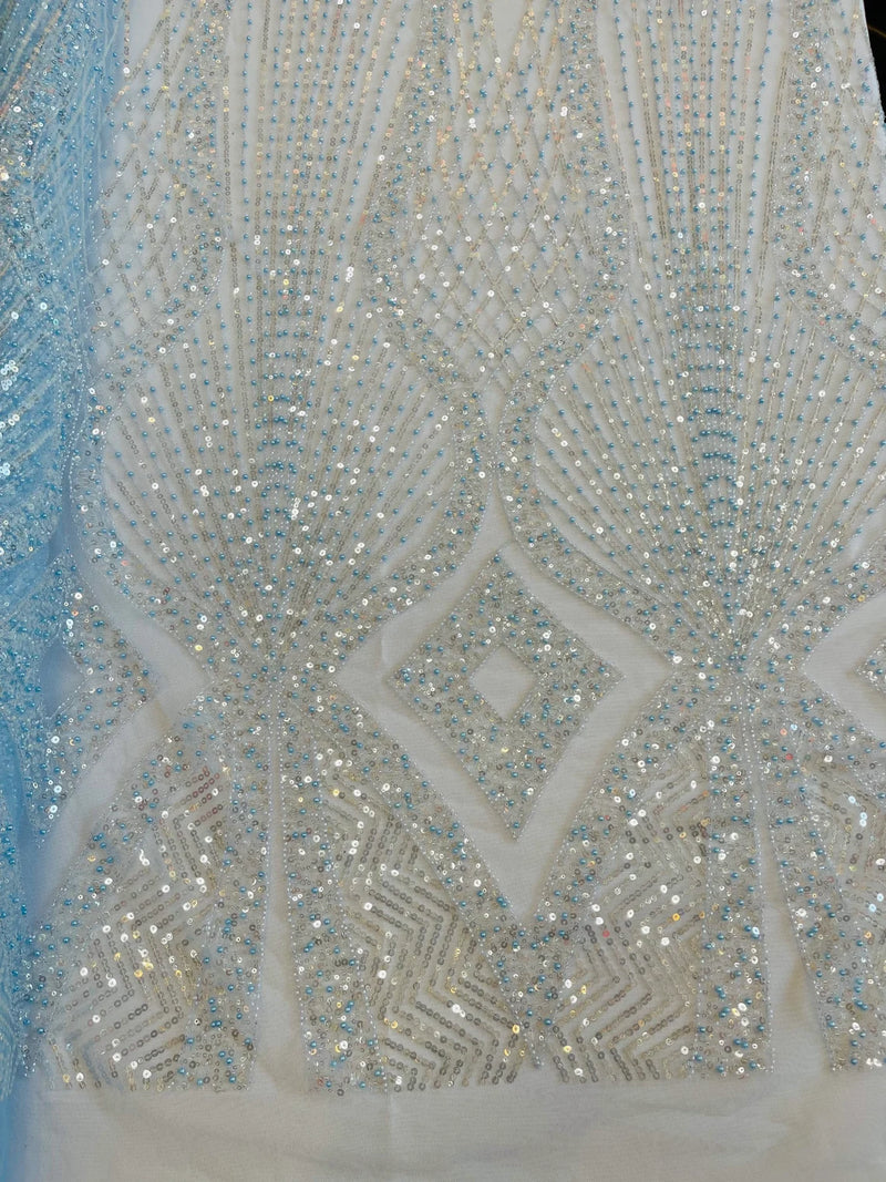 Beaded Diamond Design Fabric - Baby Blue - Beaded Embroidered Diamond Zig Zag Design on Mesh By Yard