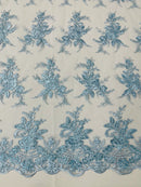 Floral Plant Lace Fabric - Baby Blue - Flower Plant Design Lace Sequins Fabric Sold By Yard