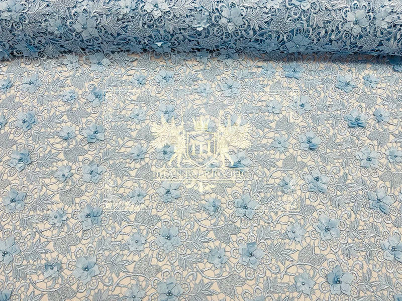 Guipure Floral Lace Fabric - Baby Blue - Floral Pearls Guipure Fabric Sold By Yard