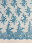 Lace Flower Cluster Fabric - Baby Blue - Embroidered Flower With Sequins on a Mesh Lace Fabric By Yard