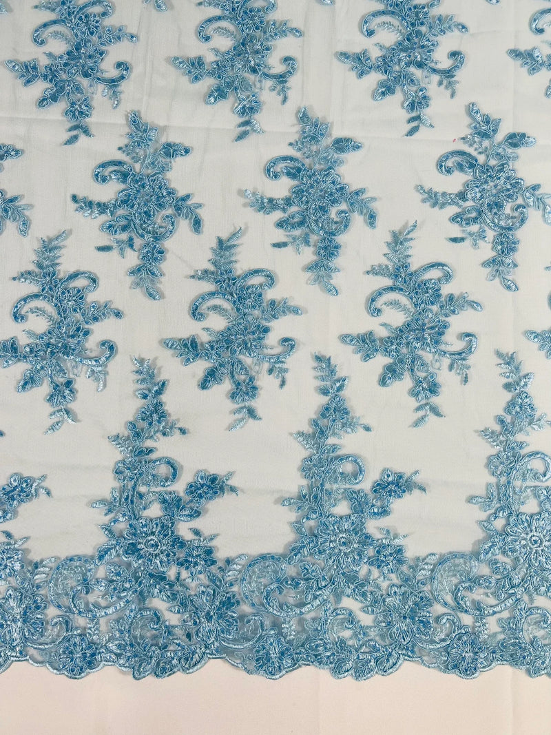 Lace Flower Cluster Fabric - Baby Blue - Embroidered Flower With Sequins on a Mesh Lace Fabric By Yard