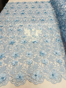 Guipure Floral Lace Fabric - Baby Blue - Floral Pearls Guipure Fabric Sold By Yard