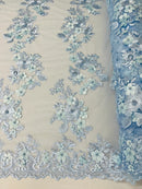 Floral 3D Rose Fabric - Baby Blue - Embroided Rose Flower Design Fabric Sold by Yard
