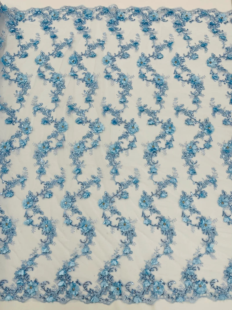 3D Lace Flower Fabric - Baby Blue - Embroidered Sequins and 3D Floral Patterns on Lace By Yard