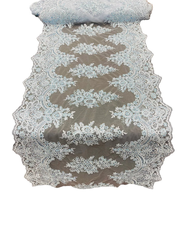 21" Floral Lace Metallic Design Table Runner - Baby Blue - Floral Runner for Event Decor Sold By The Yard