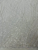 Wavy Grass Design Fabric - Baby Blue - Beautiful Beaded Fabric Design Embroidered on a Mesh Lace Sold By The Yard