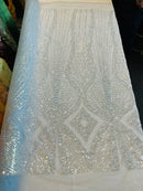 Beaded Diamond Design Fabric - Baby Blue - Beaded Embroidered Diamond Zig Zag Design on Mesh By Yard