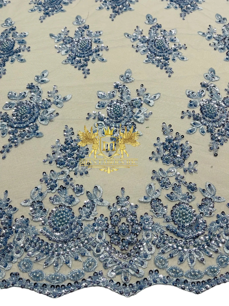 Floral Beaded Fabric - Baby Blue - Embroidered Beaded Flowers Cluster Design on a Mesh Sold By Yard
