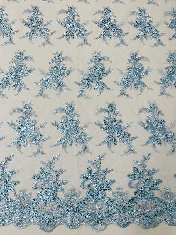 Floral Plant Lace Fabric - Baby Blue - Flower Plant Design Lace Sequins Fabric Sold By Yard