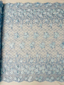 3D Floral Pearl Fabric - Baby Blue - 3D Triangle Flower Design on Mesh By Yard