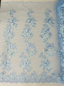 Floral 3D Rose Fabric - Baby Blue - Embroided Rose Flower Design Fabric Sold by Yard