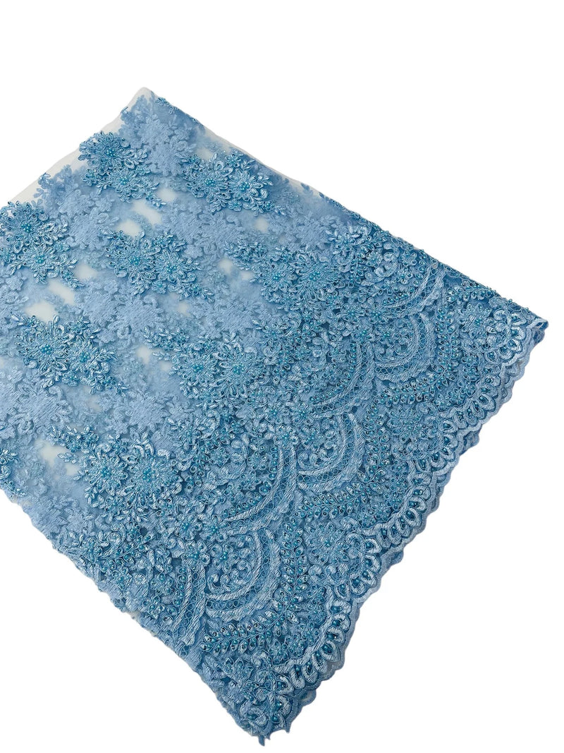 Beaded Flower Cluster Fabric - Baby Blue - Embroidered Beaded Fancy Border Floral Fabric Sold By Yard