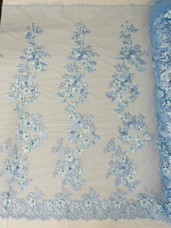 Floral 3D Rose Fabric - Baby Blue - Embroided Rose Flower Design Fabric Sold by Yard