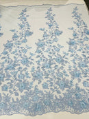3D Pearl Floral Fabric - Floral Design Embroidered on Mesh Lace Fabric - 25 Yard Roll