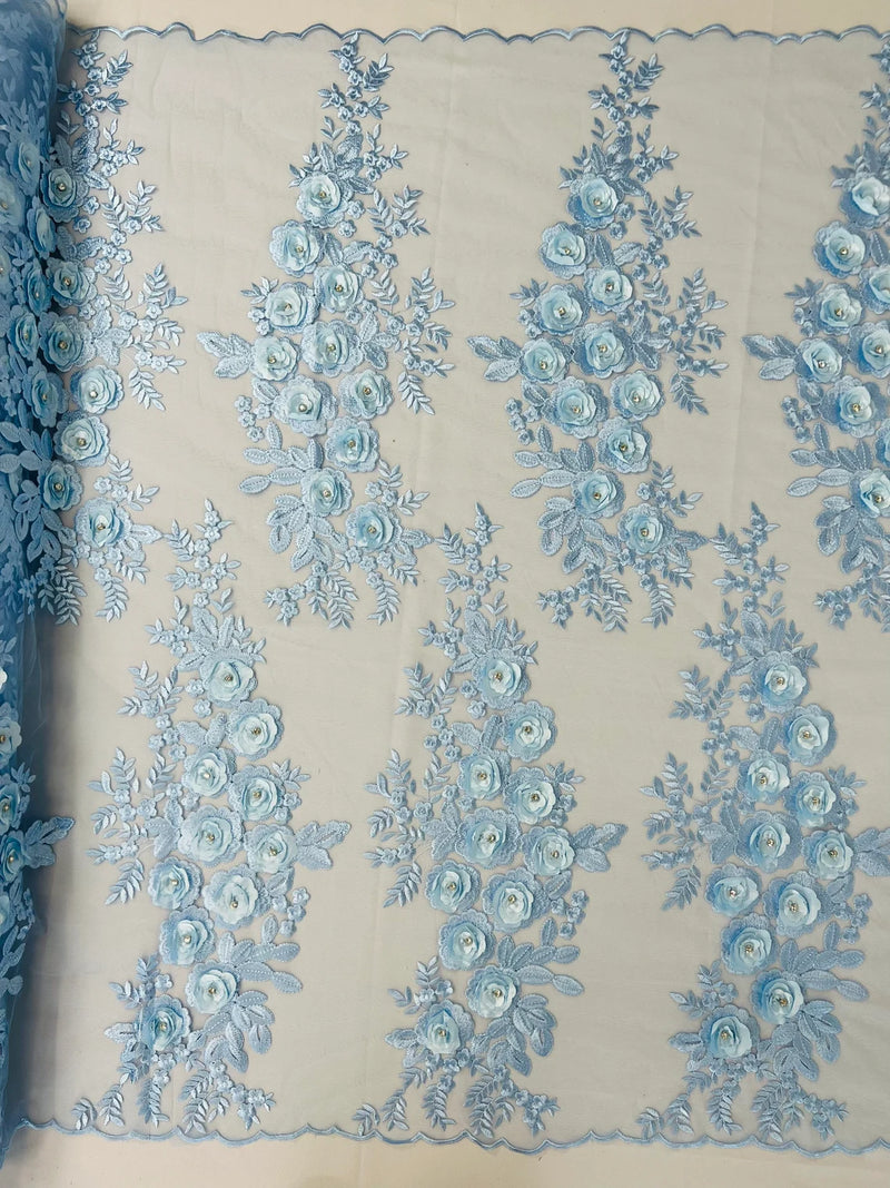 3D Rhinestone Rose Fabric - Baby Blue - Embroidered 3D Roses Design on Mesh Fabric Sold by Yard