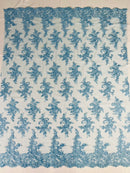 Lace Flower Cluster Fabric - Baby Blue - Embroidered Flower With Sequins on a Mesh Lace Fabric By Yard