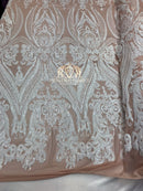 Big Damask Sequins Fabric - White on Nude - 4 Way Stretch Damask Sequins Design Fabric By Yard