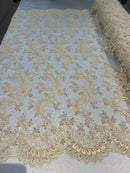 Lace Sequins Fabric - Corded Flower Embroidery Design Mesh Fabric - 25 Yard Roll