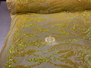 Big Damask Sequins Fabric - Yellow - 4 Way Stretch Damask Sequins Design Fabric By Yard