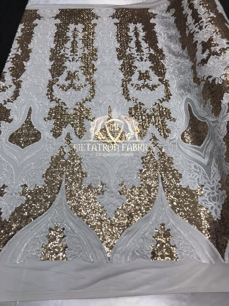 4 Way Stretch - White and Gold - Two Tone Flower Design Sequins On Stretch Mesh By The Yard